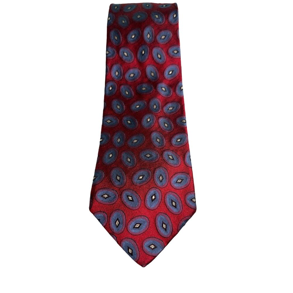 Vintage Echo Red Silk Satin Tie with Geometric Gray Oval Design Tailored in USA